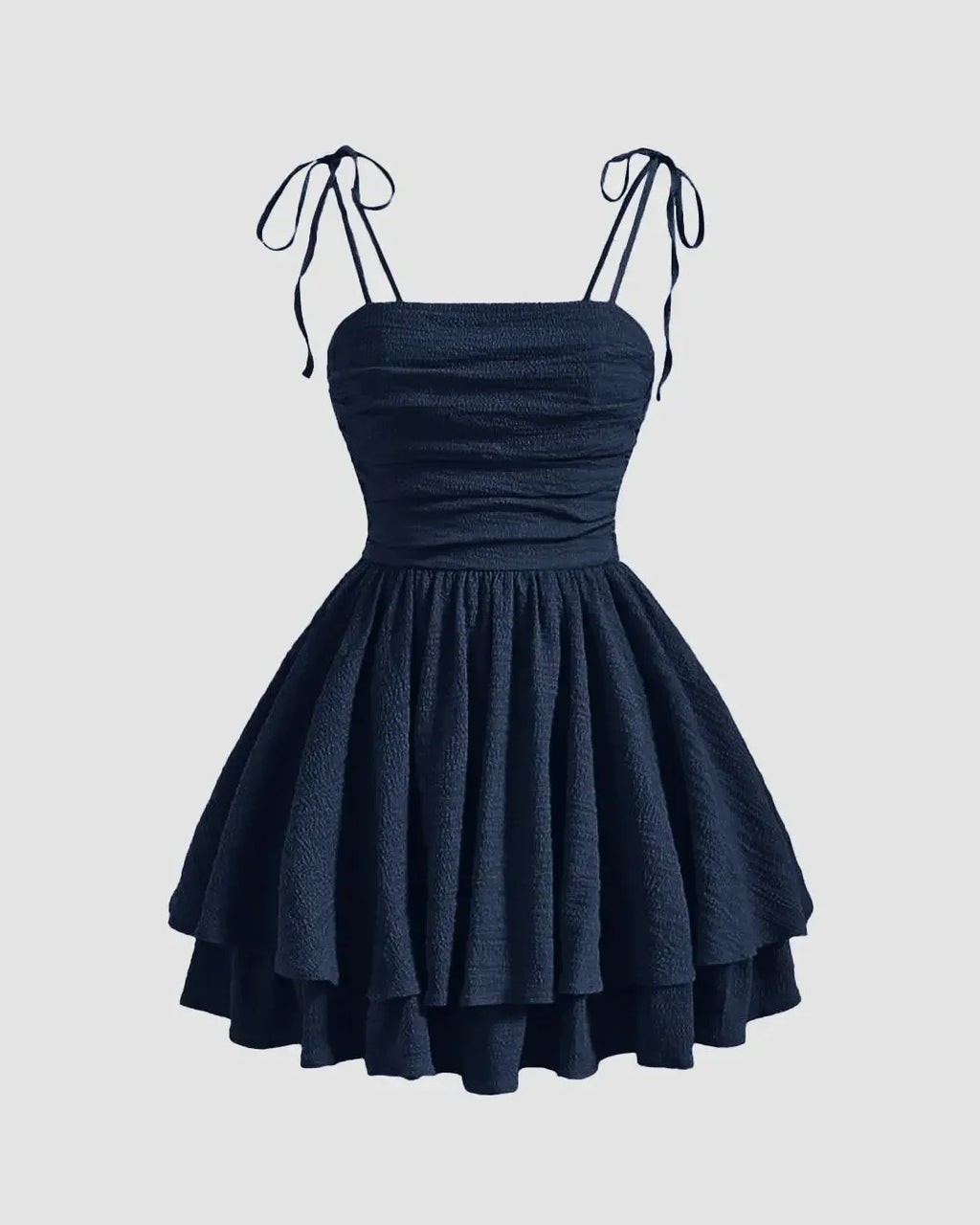 Tie Shoulder Fit and Flare Mini Dress in Navy Blue