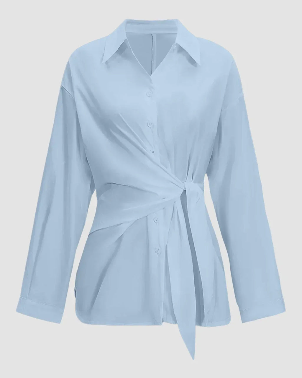 Tie Waist Button Down Long Sleeve Shirt in Sky Blue
