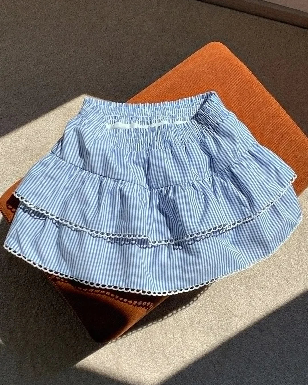 Tiered Ruffle Striped Mini Skirt with Elastic Waist