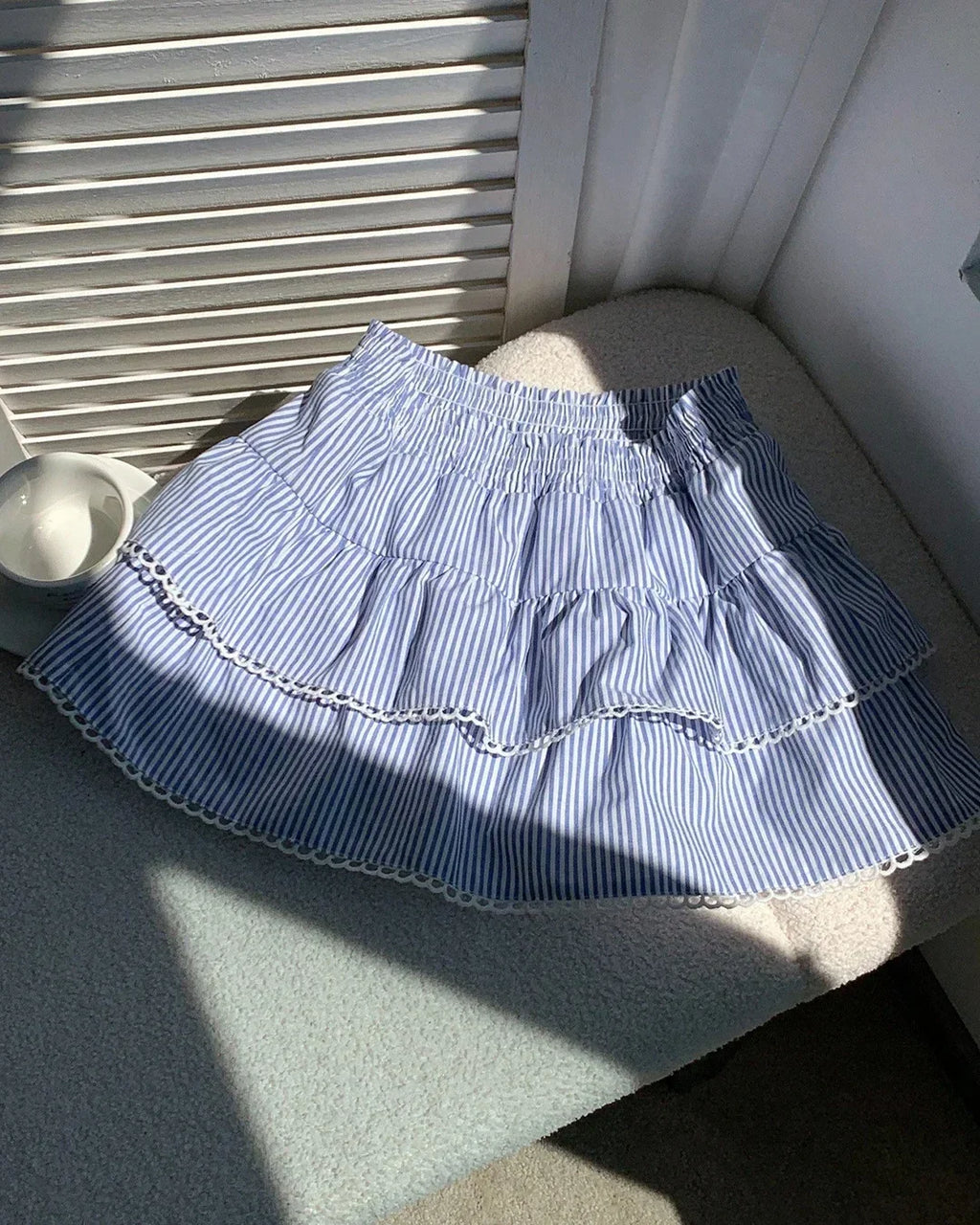 Tiered Ruffle Striped Mini Skirt with Elastic Waist