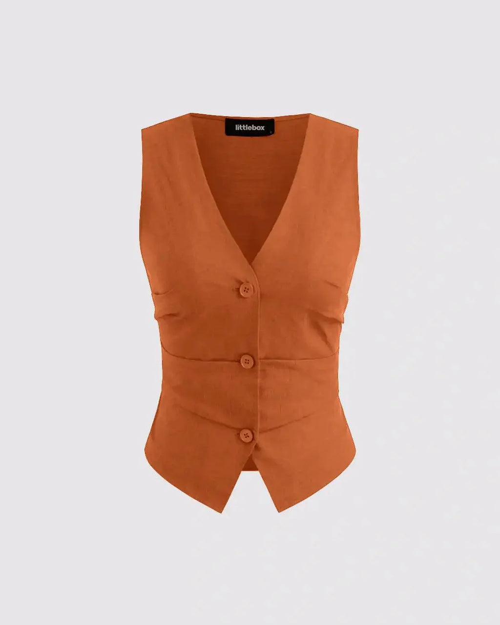 V-neck Solid Button Vest & Mid Rise Pocket Wide Leg Trousers In Rust Orange