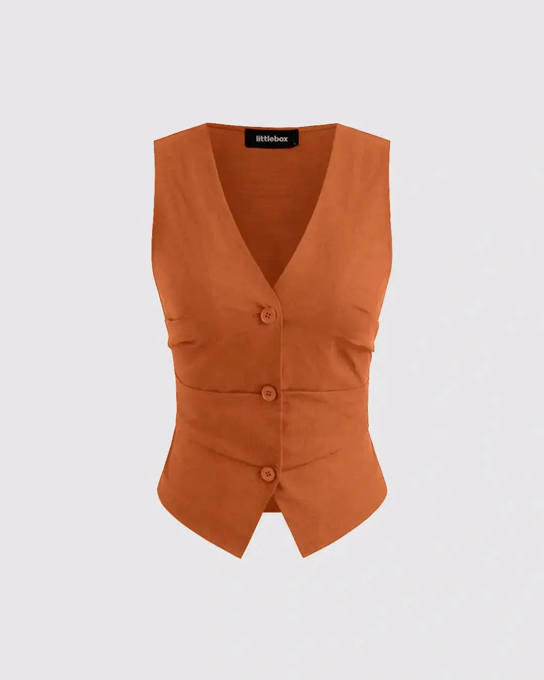 V-neck Solid Button Vest & Mid Rise Pocket Wide Leg Trousers In Rust Orange