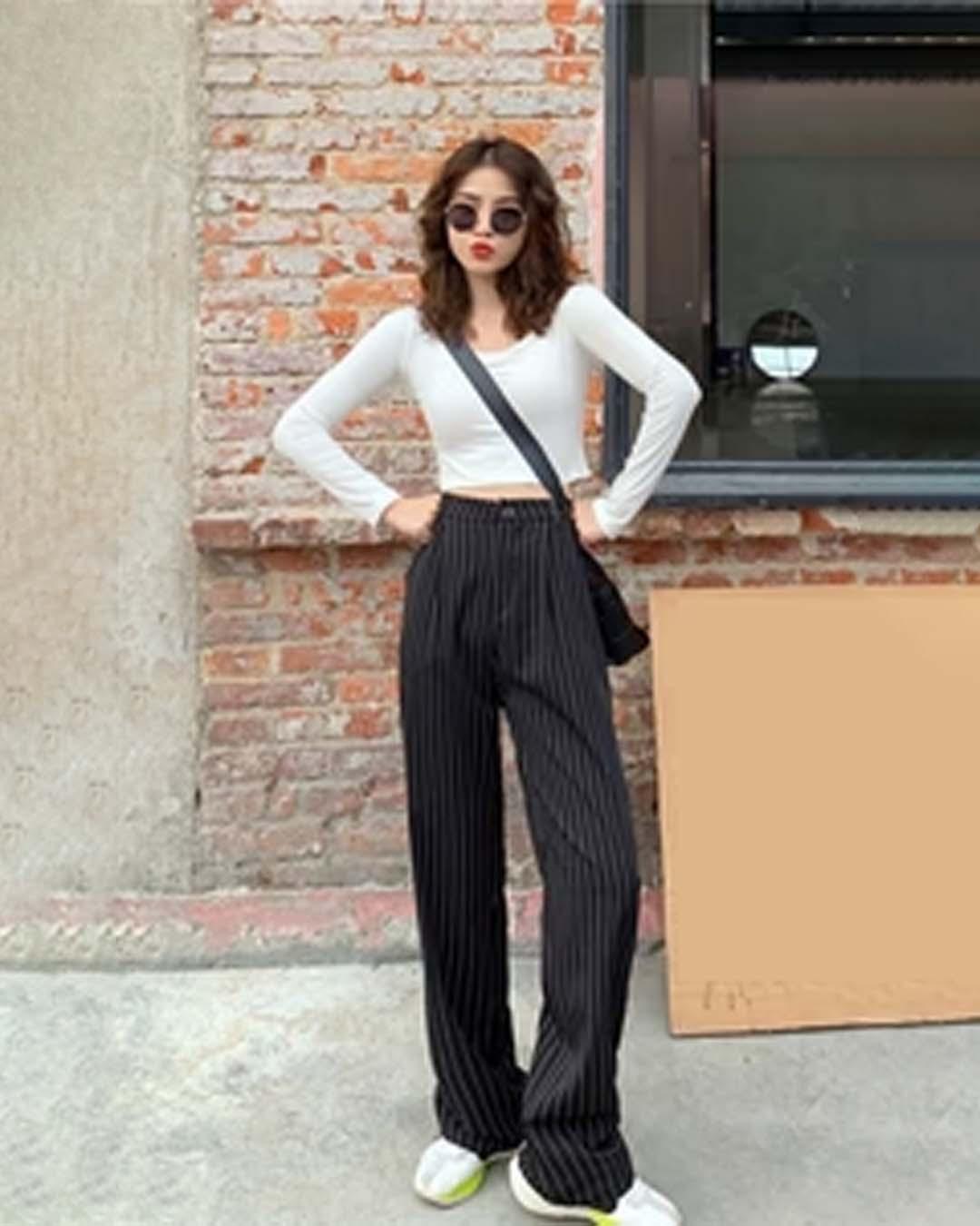 Trendy Korean Style Pinstripe Trousers in Black