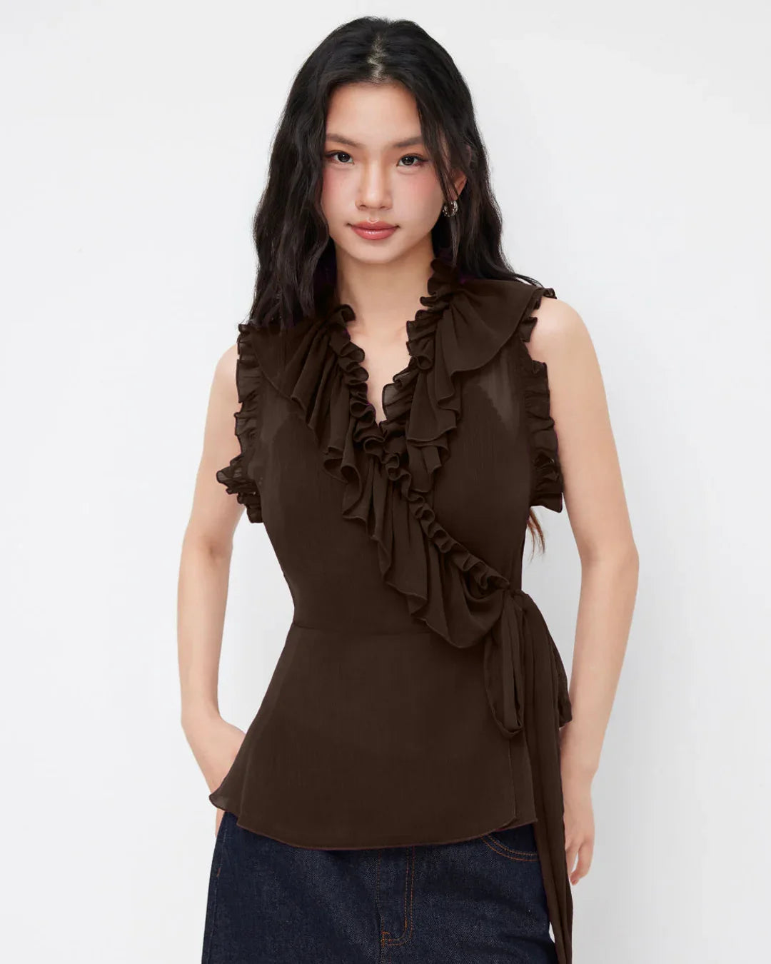 Trim Knotted See-through Tank Top in Coffee