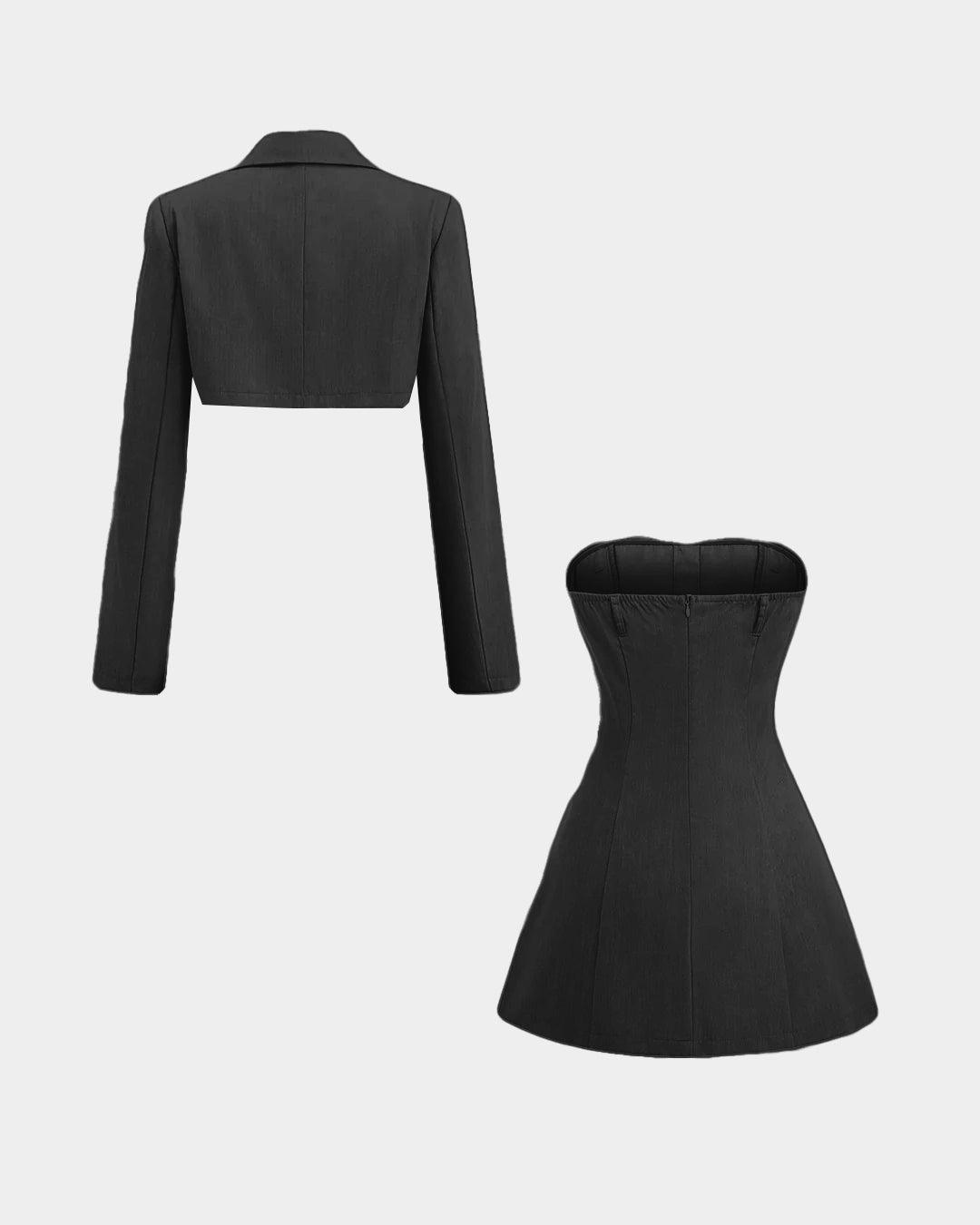 Turndown Collar Blazer & Bustier Two Piece Dress In Black