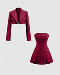 Turndown Collar Blazer & Bustier Two Piece Dress In Burgundy