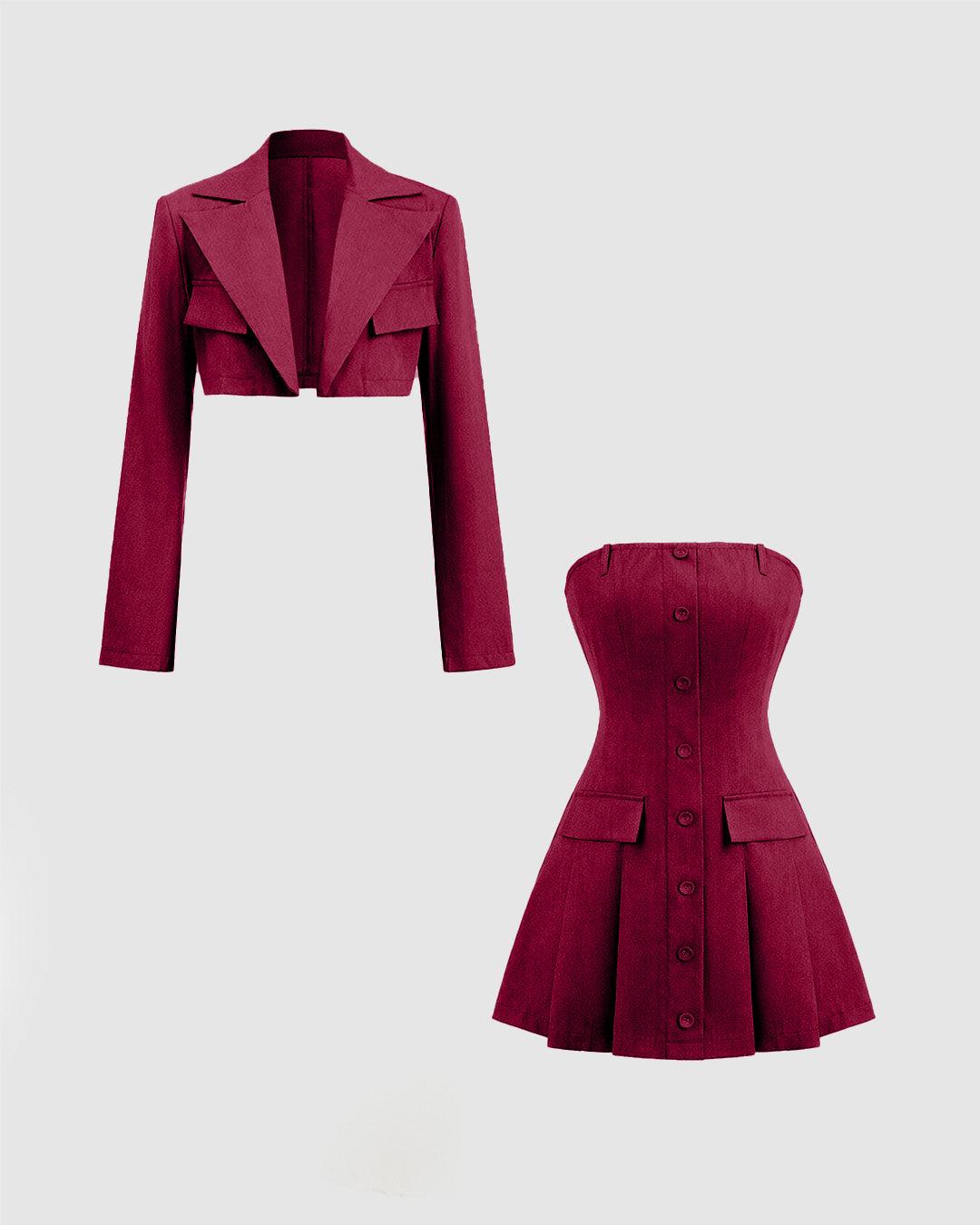 Turndown Collar Blazer & Bustier Two Piece Dress In Burgundy