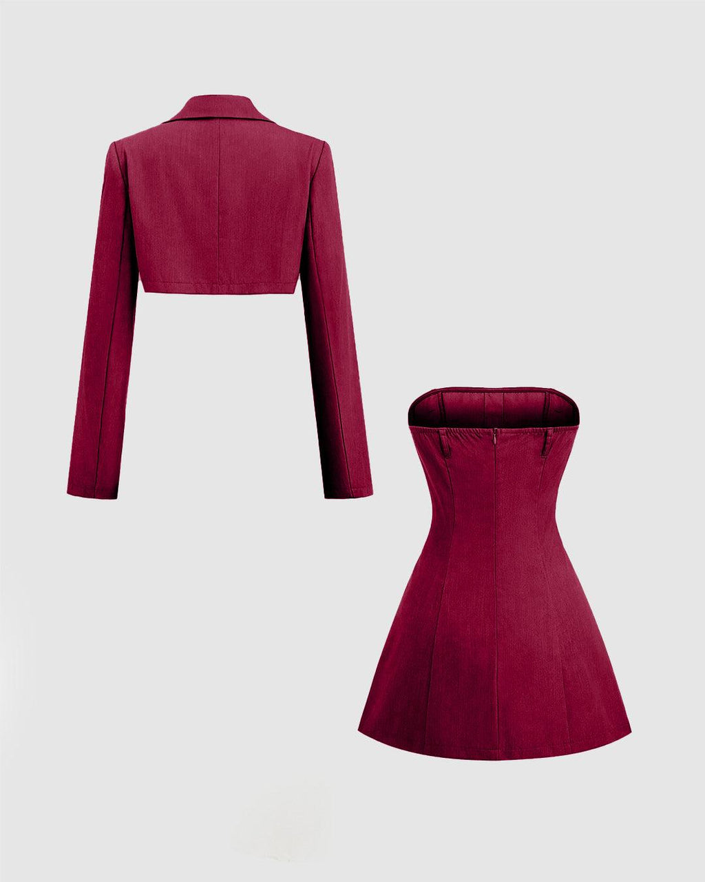 Turndown Collar Blazer & Bustier Two Piece Dress In Burgundy
