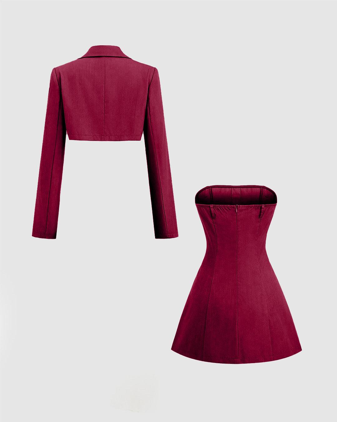 Turndown Collar Blazer & Bustier Two Piece Dress In Burgundy