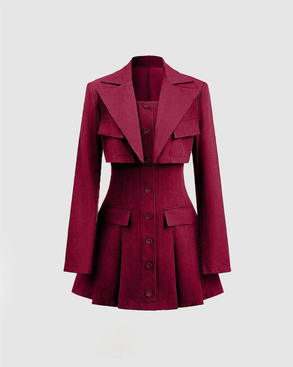 Turndown Collar Blazer & Bustier Two Piece Dress In Burgundy