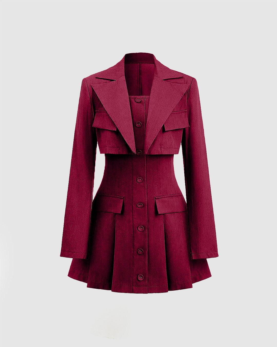 Turndown Collar Blazer & Bustier Two Piece Dress In Burgundy