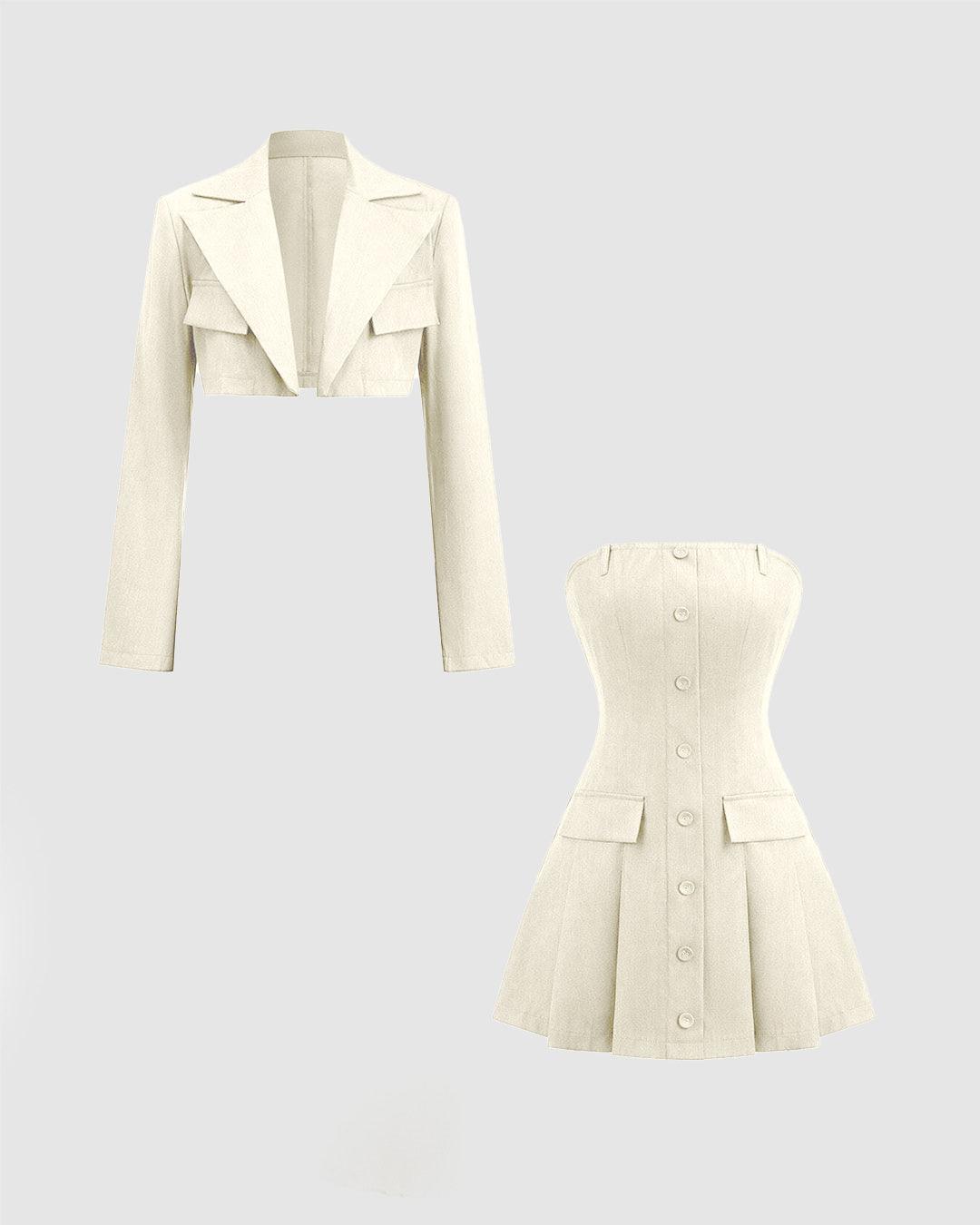 Turndown Collar Blazer & Bustier Two Piece Dress In Off-White