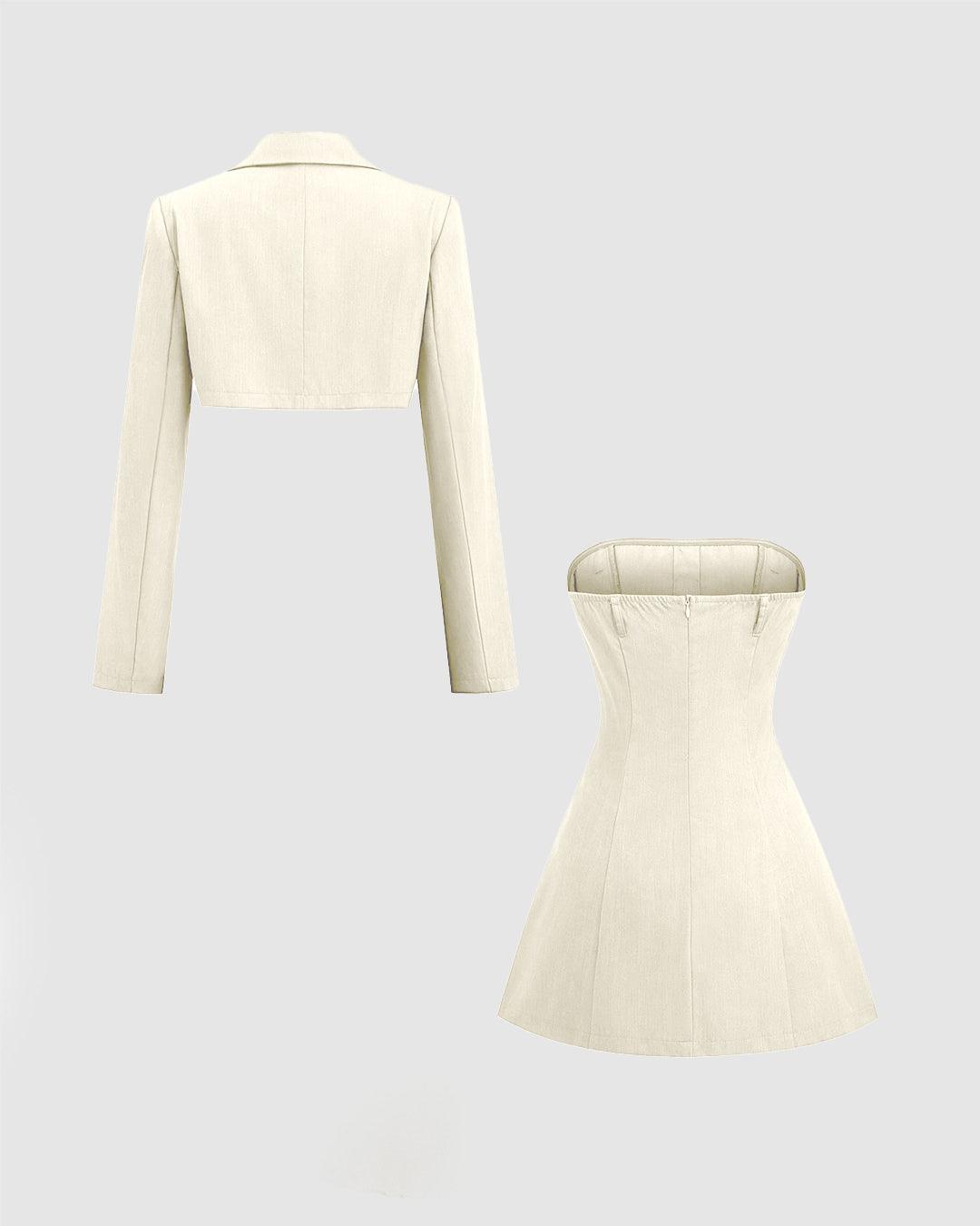 Turndown Collar Blazer & Bustier Two Piece Dress In Off-White