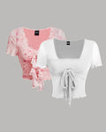 Twin Pack Ruched Tie-Front Crop Tops in Pink Print and White