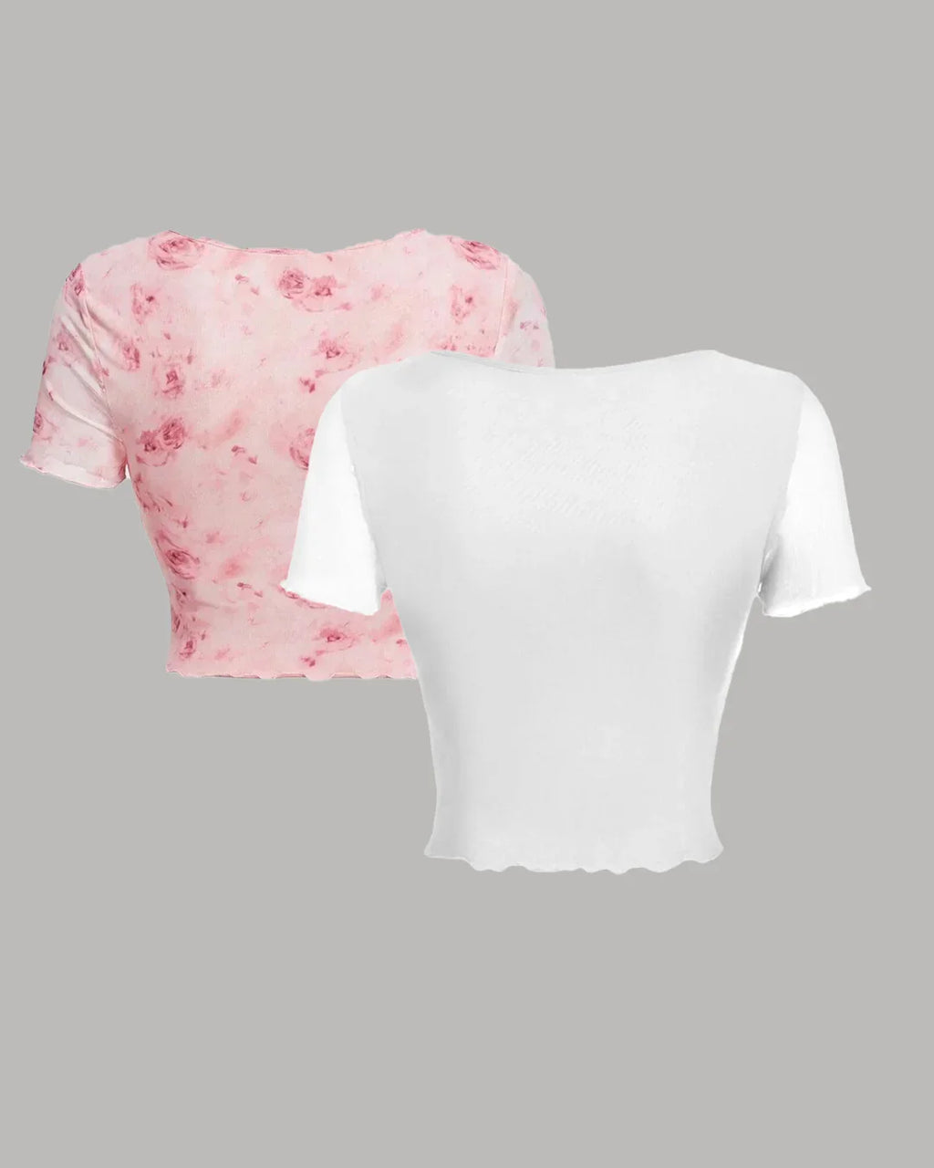 Twin Pack Ruched Tie-Front Crop Tops in Pink Print and White