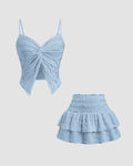 Twist Front Crop Top & Tiered Mini Skirt Co-Ord Set in Dusty Blue
