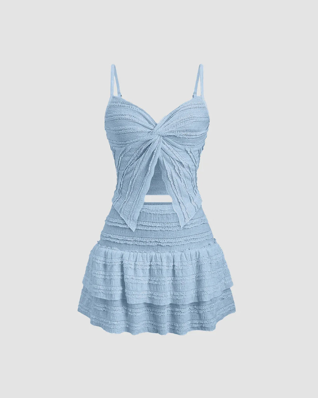 Twist Front Crop Top & Tiered Mini Skirt Co-Ord Set in Dusty Blue