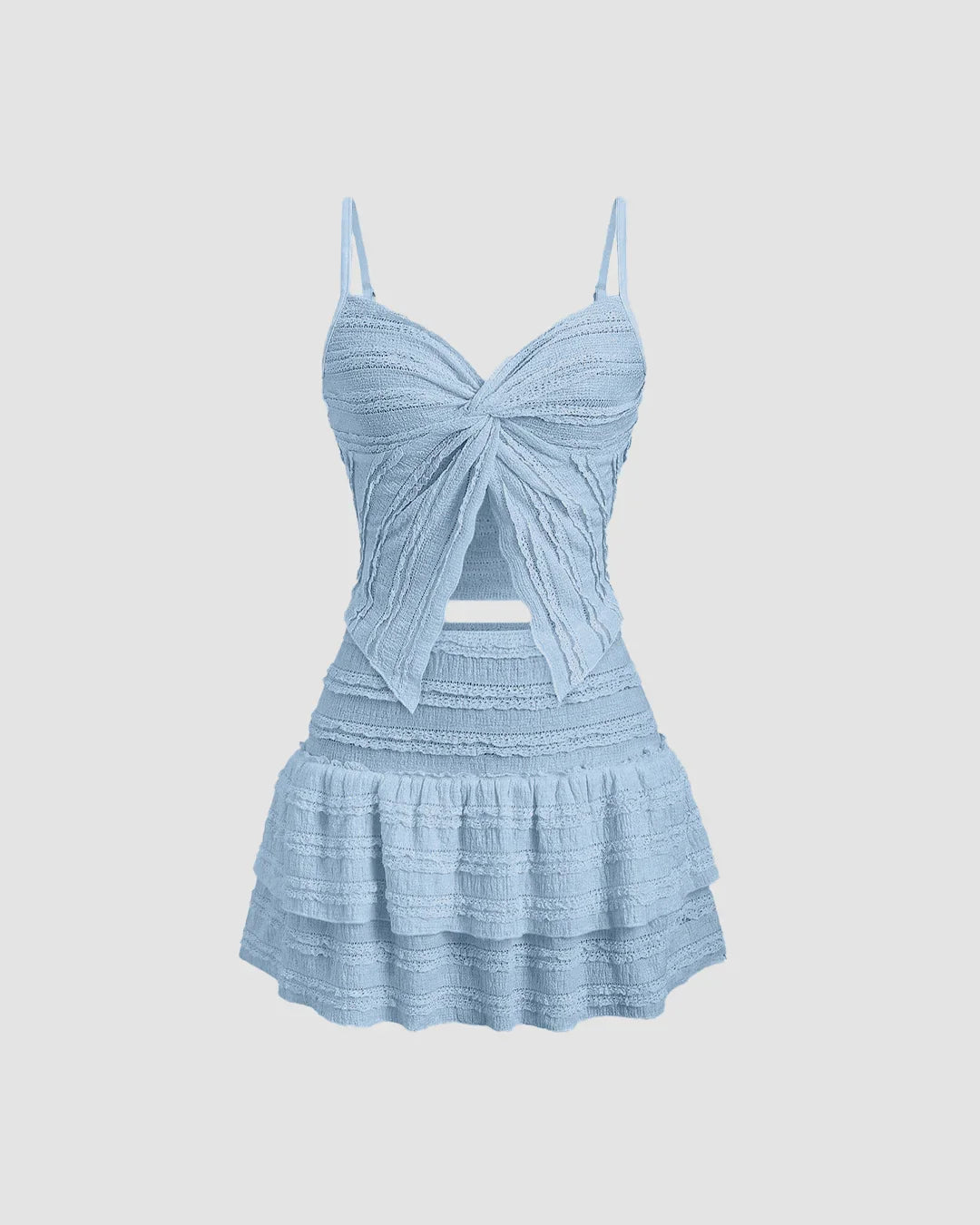 Twist Front Crop Top & Tiered Mini Skirt Co-Ord Set in Dusty Blue
