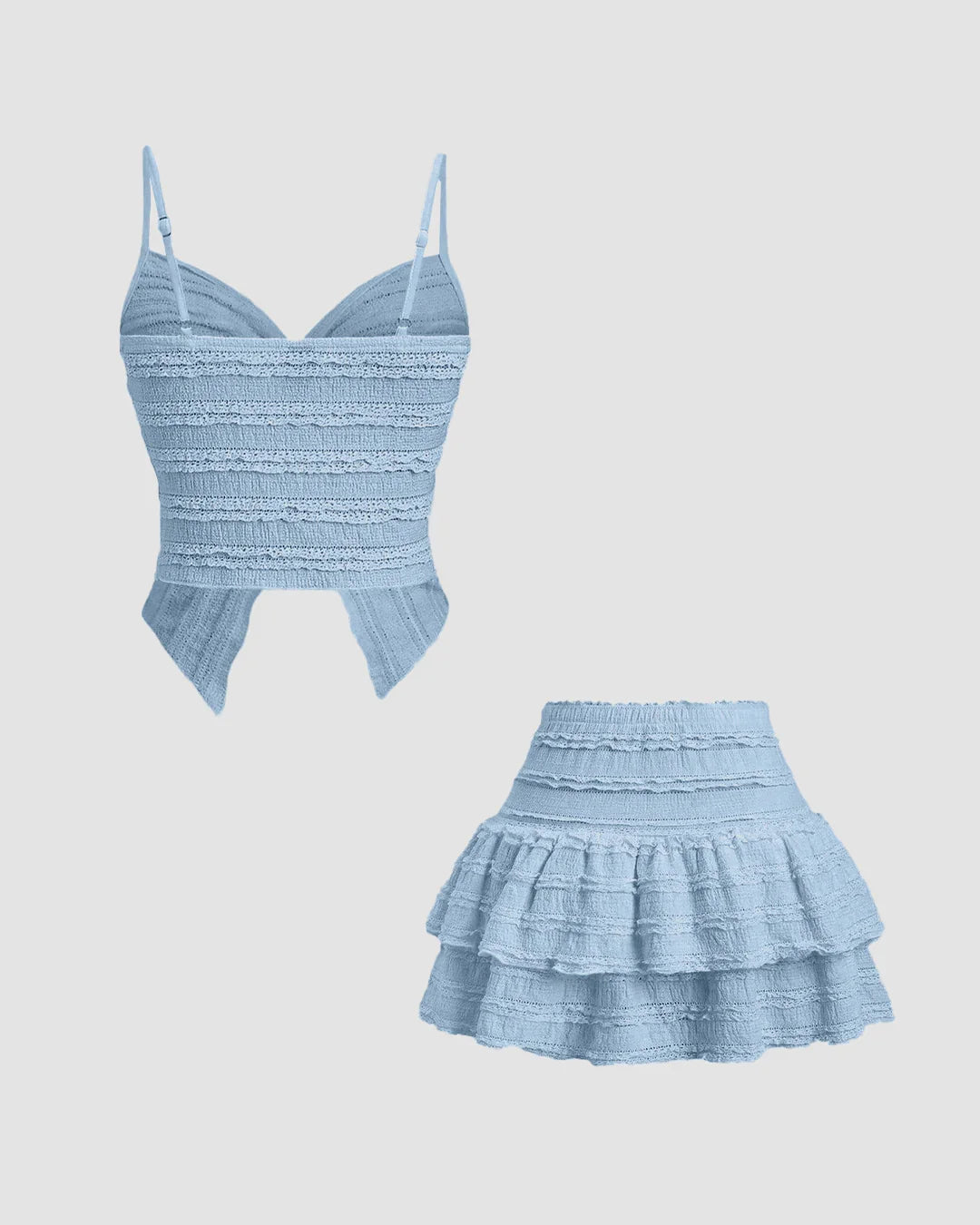Twist Front Crop Top & Tiered Mini Skirt Co-Ord Set in Dusty Blue