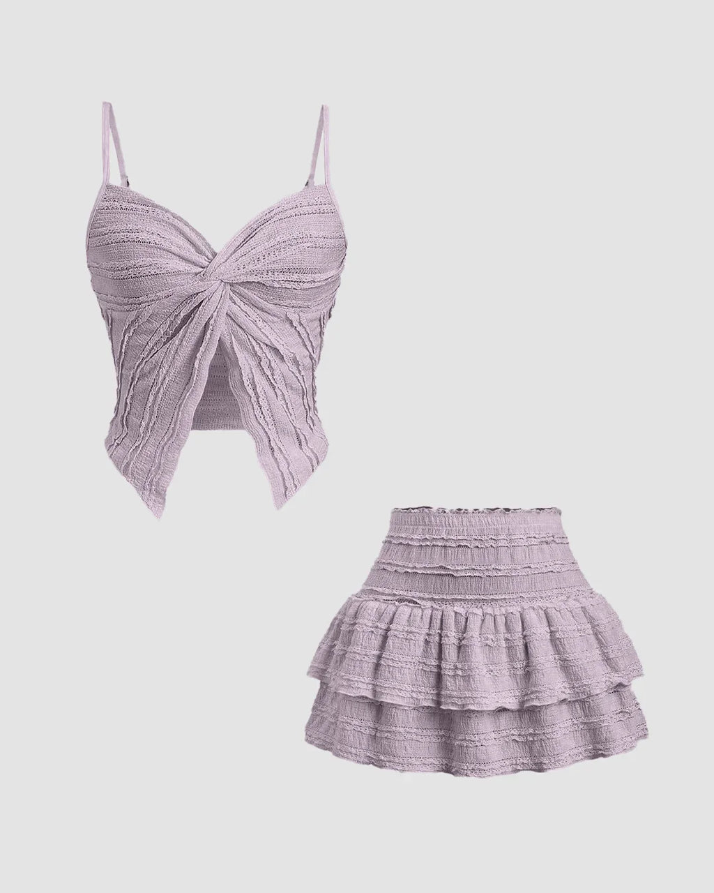 Twist Front Crop Top & Tiered Mini Skirt Co-Ord Set in Lilac