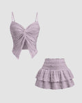 Twist Front Crop Top & Tiered Mini Skirt Co-Ord Set in Lilac