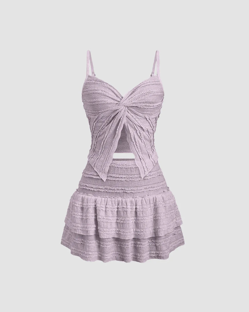 Twist Front Crop Top & Tiered Mini Skirt Co-Ord Set in Lilac