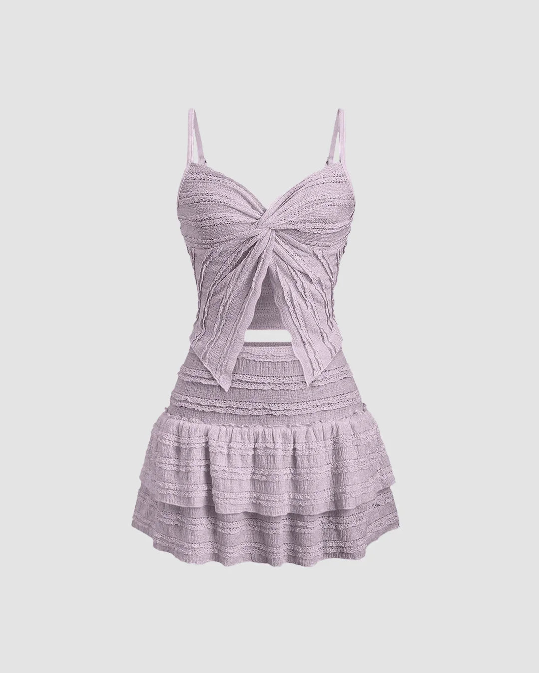 Twist Front Crop Top & Tiered Mini Skirt Co-Ord Set in Lilac