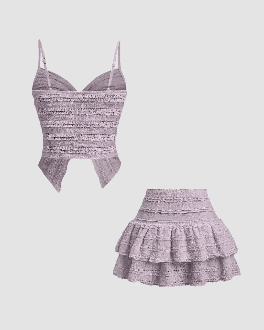Twist Front Crop Top & Tiered Mini Skirt Co-Ord Set in Lilac