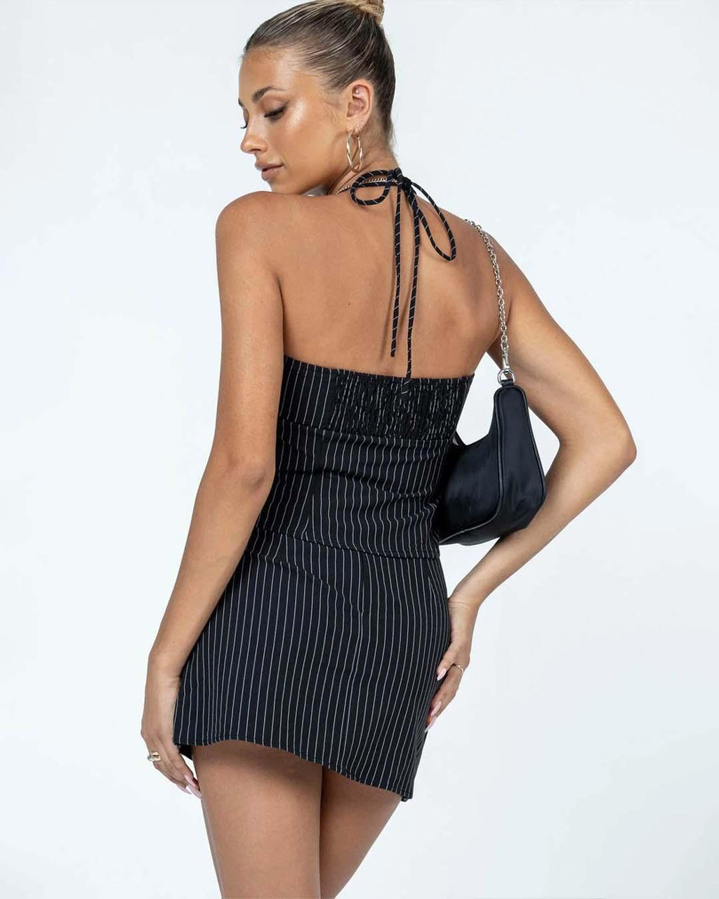 Two Piece Set Of Striped Halter Neck Top And High Waisted Mini Skirt