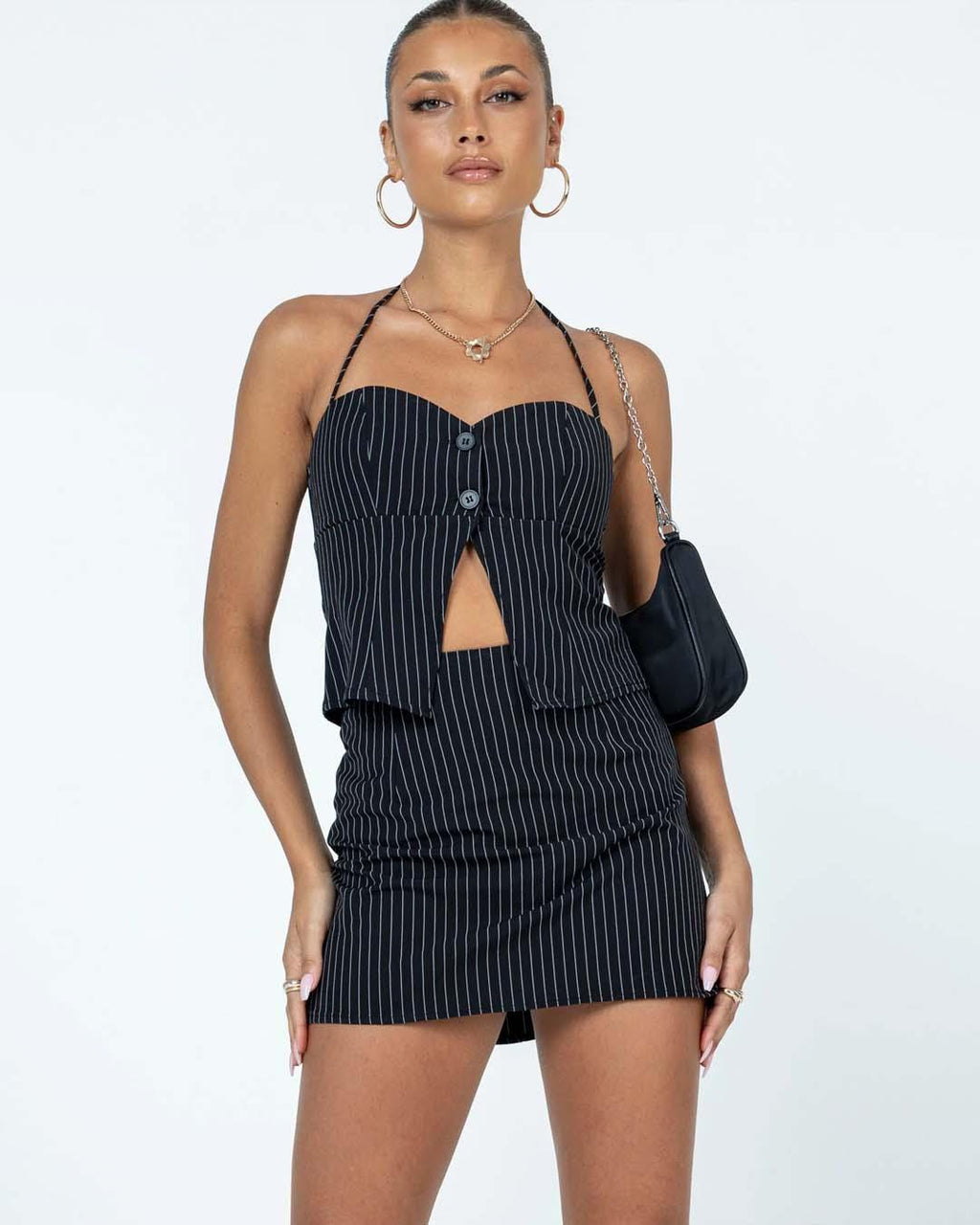 Two Piece Set Of Striped Halter Neck Top And High Waisted Mini Skirt
