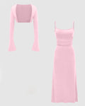 Two Piece Set : Solid Color Flare Sleeve Shrug Top And Cami Dress In Baby Pink