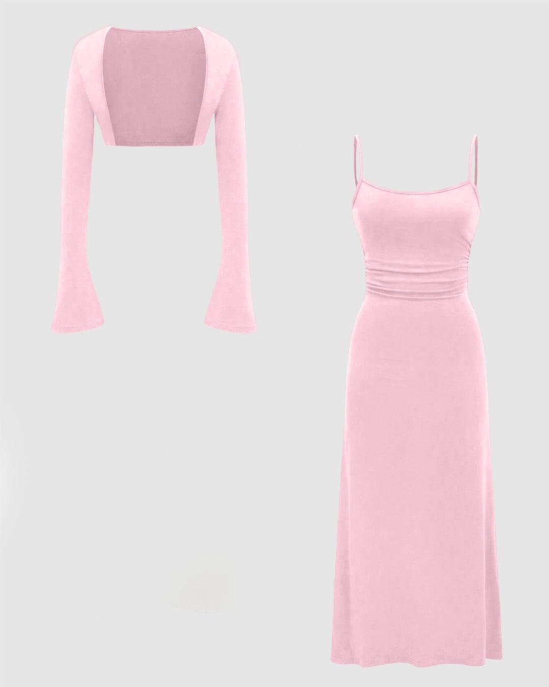 Two Piece Set : Solid Color Flare Sleeve Shrug Top And Cami Dress In Baby Pink