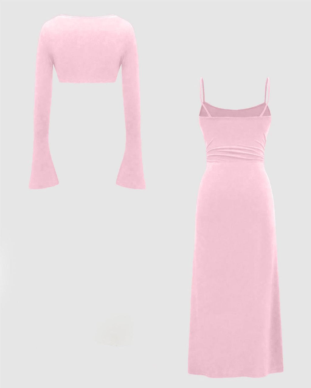 Two Piece Set : Solid Color Flare Sleeve Shrug Top And Cami Dress In Baby Pink