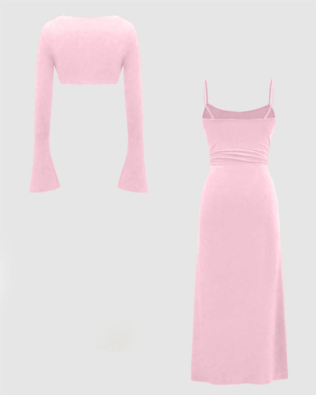 Two Piece Set : Solid Color Flare Sleeve Shrug Top And Cami Dress In Baby Pink