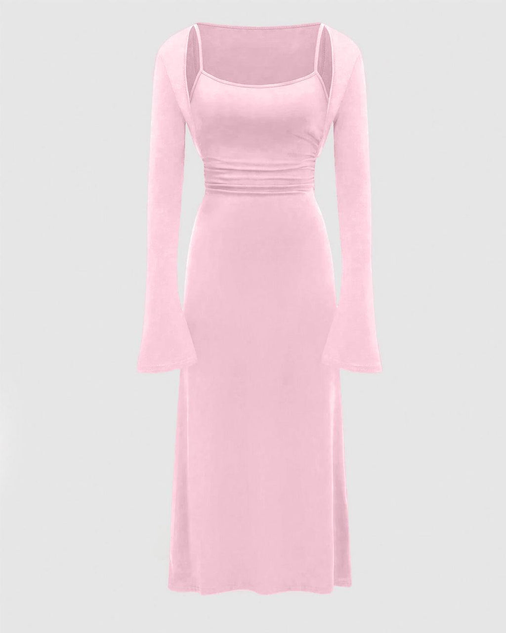 Two Piece Set : Solid Color Flare Sleeve Shrug Top And Cami Dress In Baby Pink
