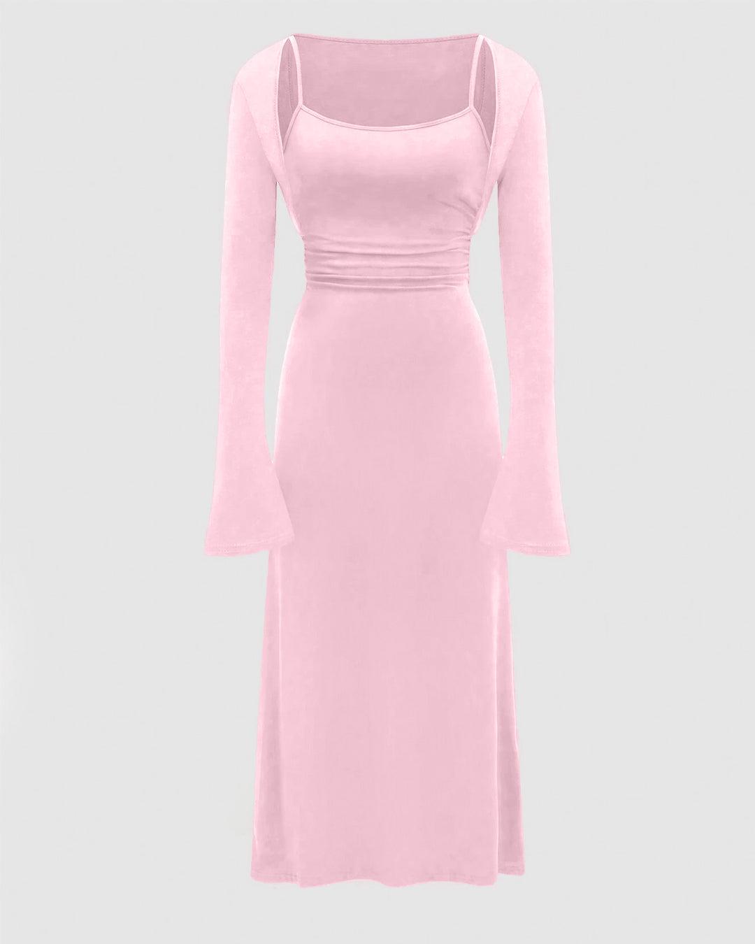 Two Piece Set : Solid Color Flare Sleeve Shrug Top And Cami Dress In Baby Pink