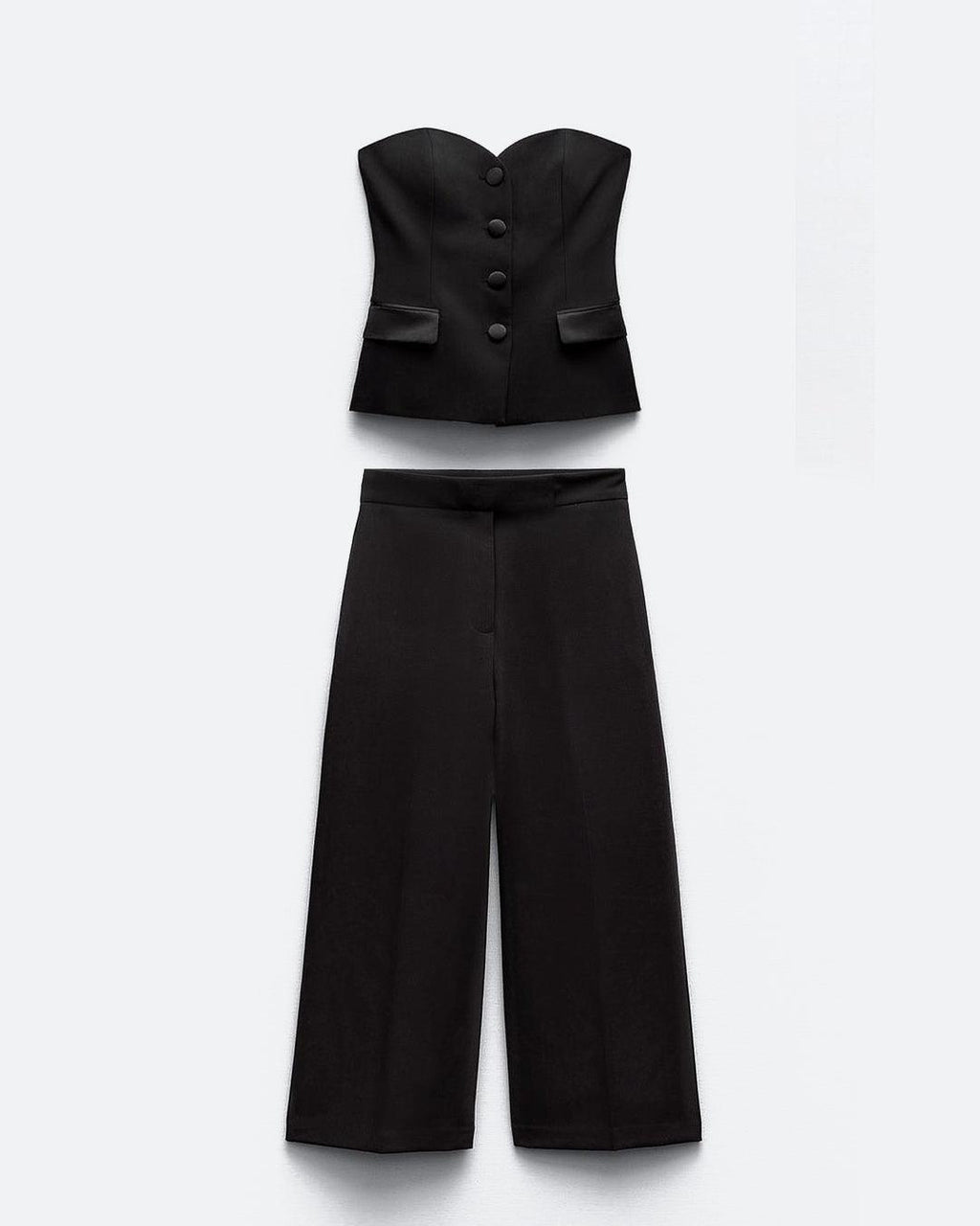 Two Piece Set : Tailored Bandeau Button Detail Top & High Waist Culotte Trouser In Black