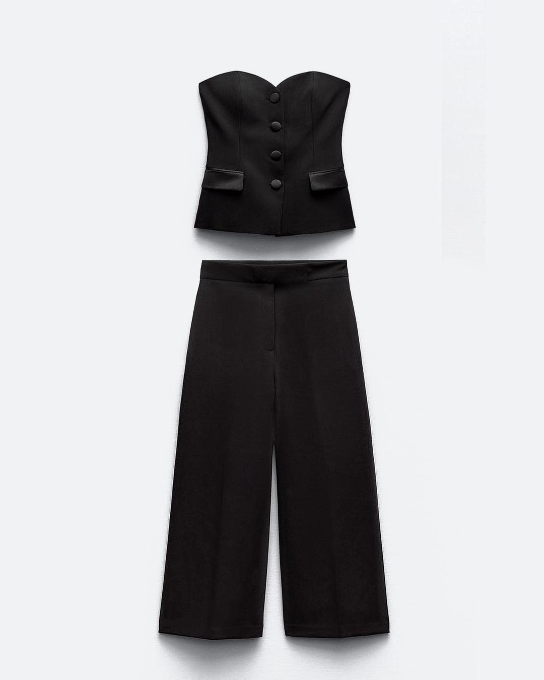 Two Piece Set : Tailored Bandeau Button Detail Top & High Waist Culotte Trouser In Black