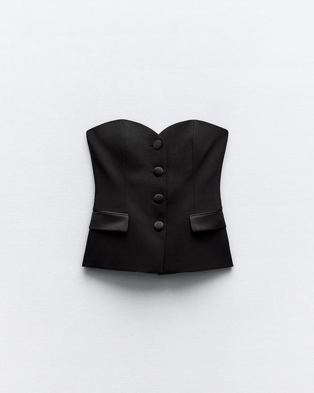 Two Piece Set : Tailored Bandeau Button Detail Top & High Waist Culotte Trouser In Black