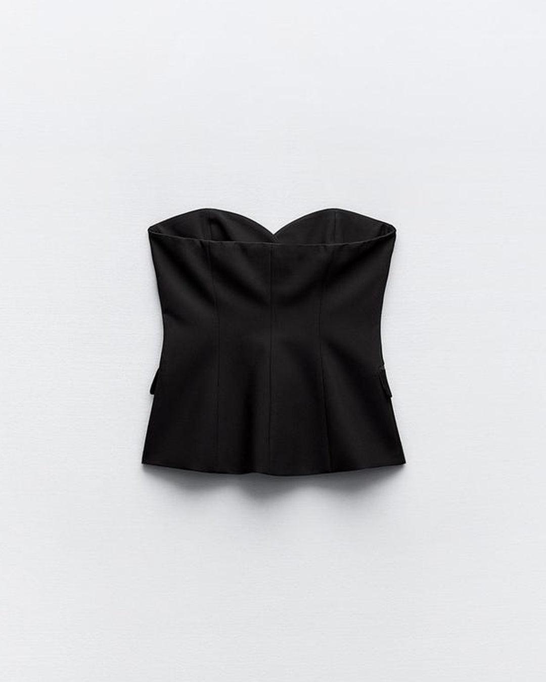 Two Piece Set : Tailored Bandeau Button Detail Top & High Waist Culotte Trouser In Black