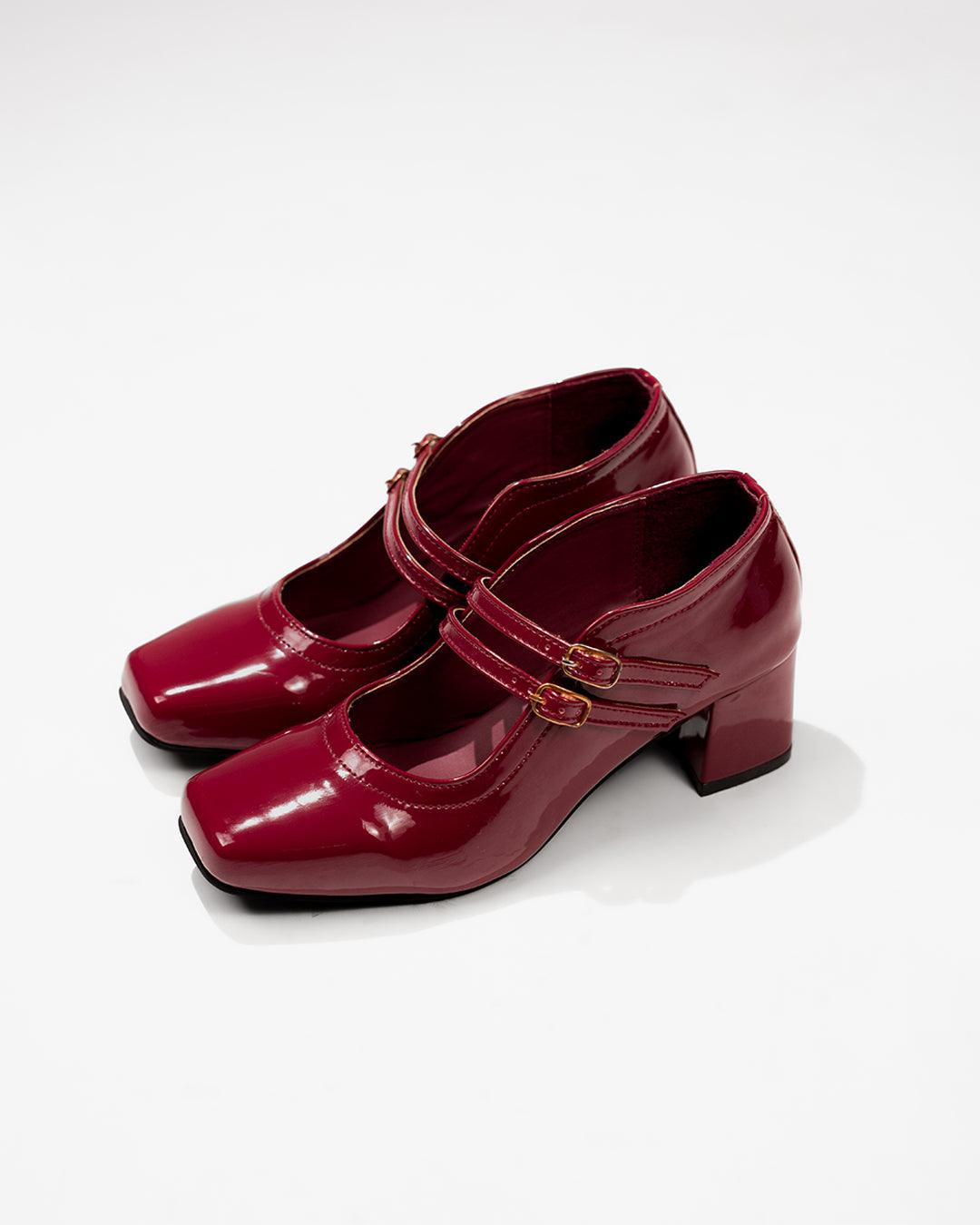 Two Strap Square Toe Block Heel Pumps