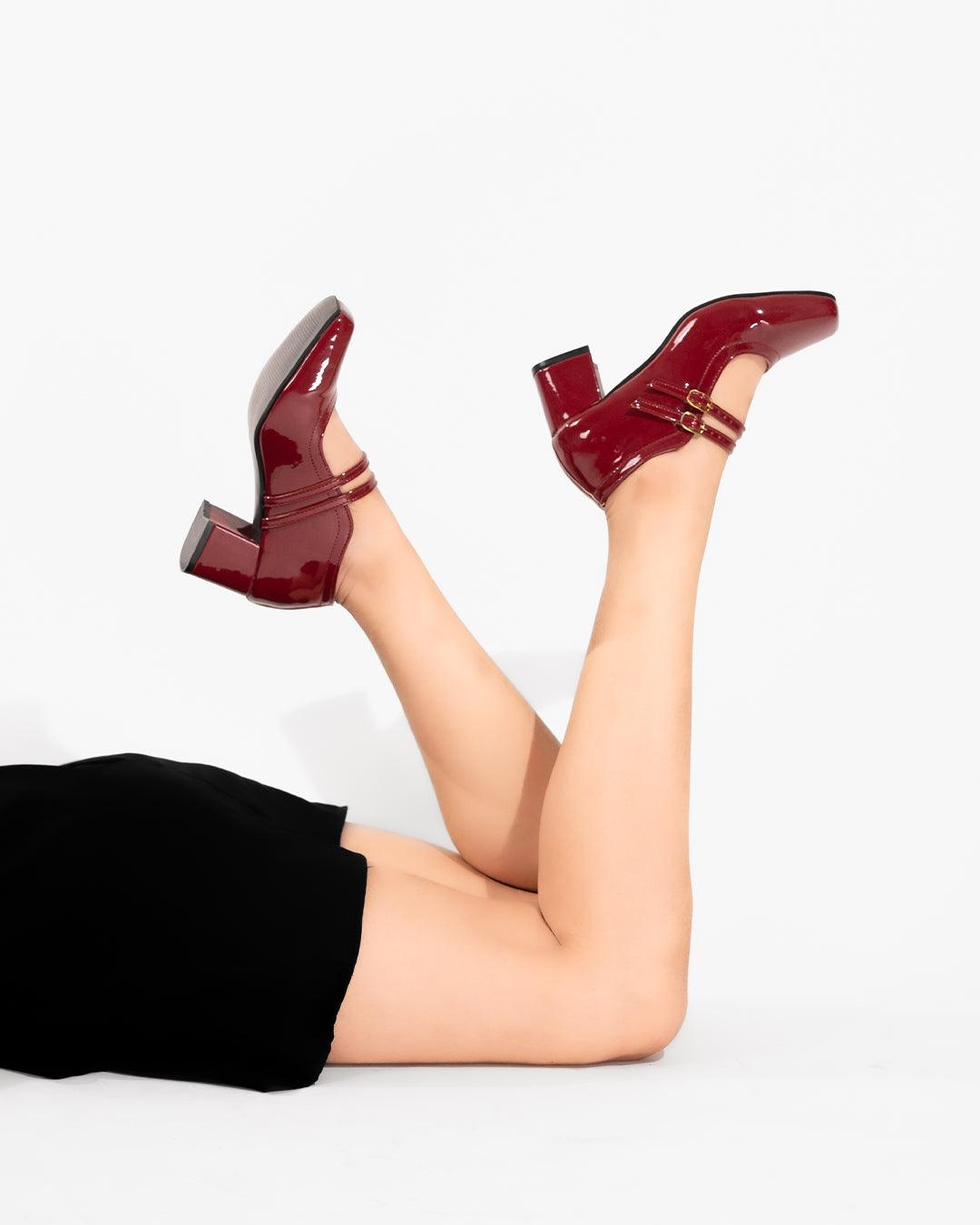 Two Strap Square Toe Block Heel Pumps