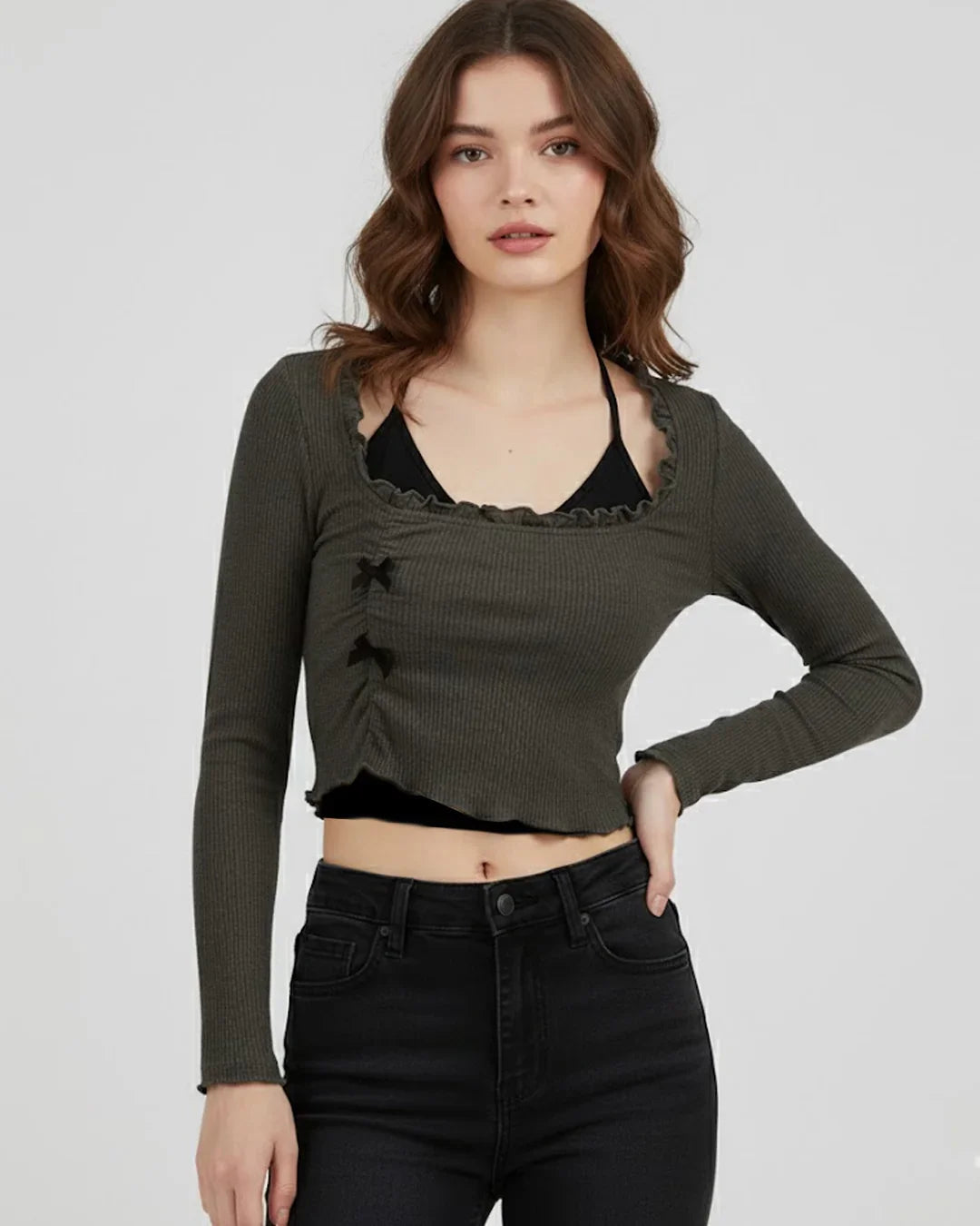 Two in one Bow Knot Full Sleeve Crop Top In Grey