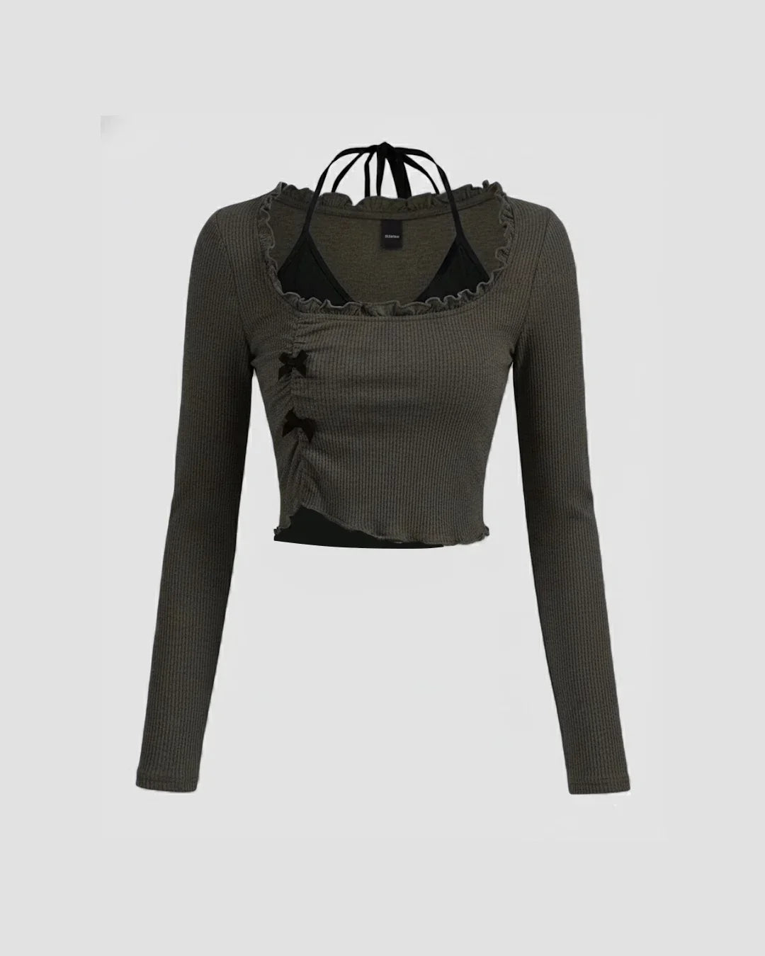 Two in one Bow Knot Full Sleeve Crop Top In Grey