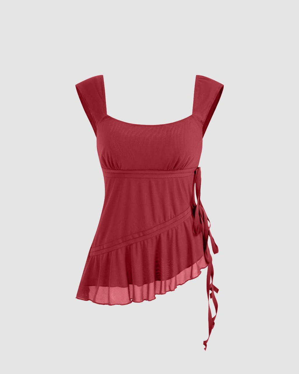 U-neckline Asymmetrical Ruffle Trim Knotted Tank Top In Red