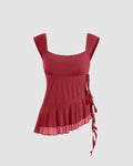 U-neckline Asymmetrical Ruffle Trim Knotted Tank Top In Red