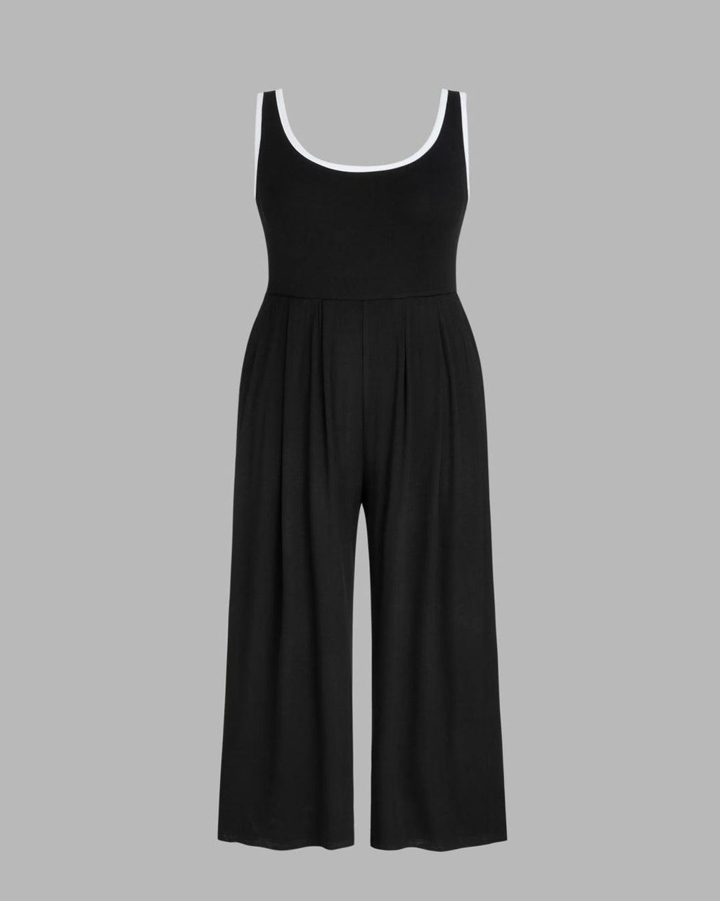 U-neckline Contrasting Trim Solid Black Jumpsuit Curve & Plus