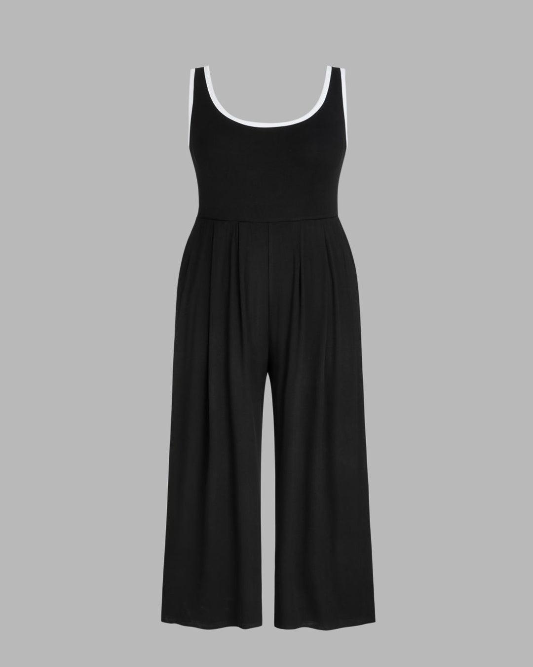 U-neckline Contrasting Trim Solid Black Jumpsuit Curve & Plus