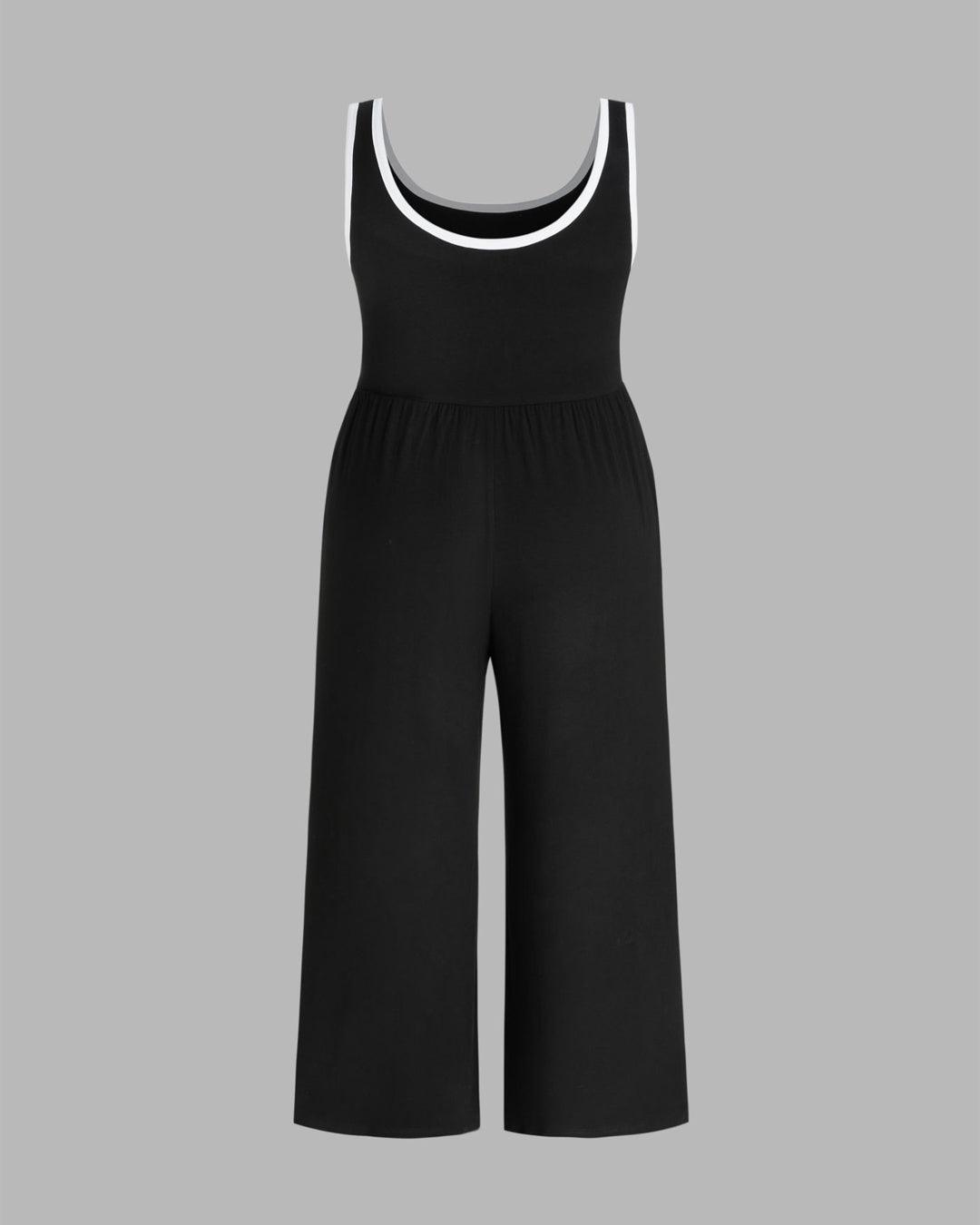 U-neckline Contrasting Trim Solid Black Jumpsuit Curve & Plus
