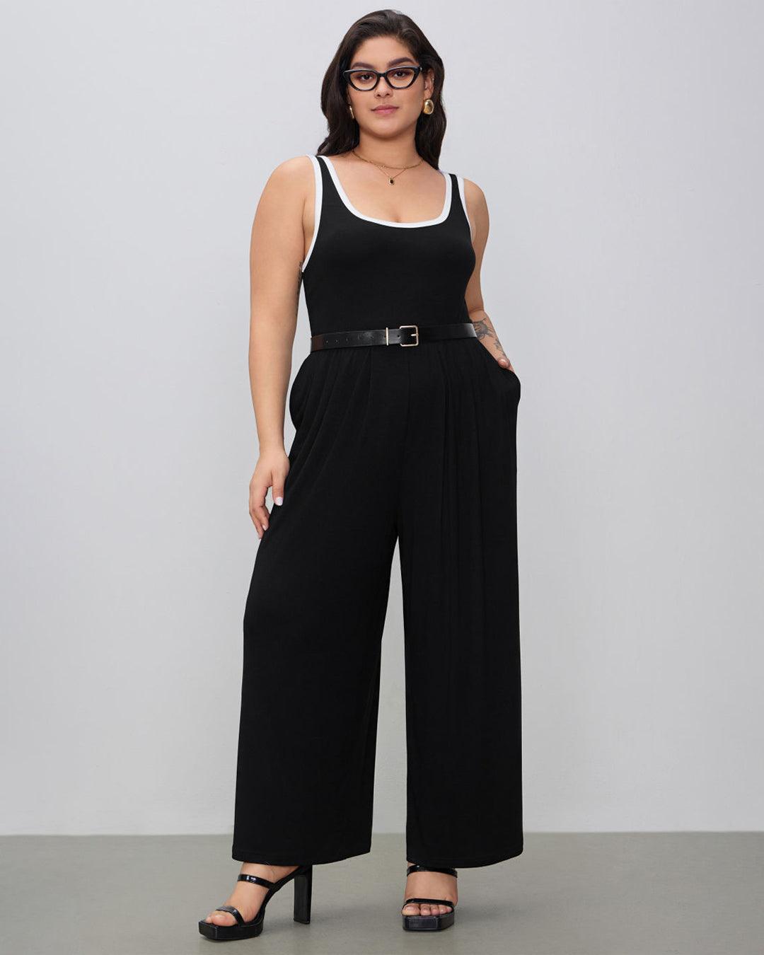 U-neckline Contrasting Trim Solid Black Jumpsuit Curve & Plus